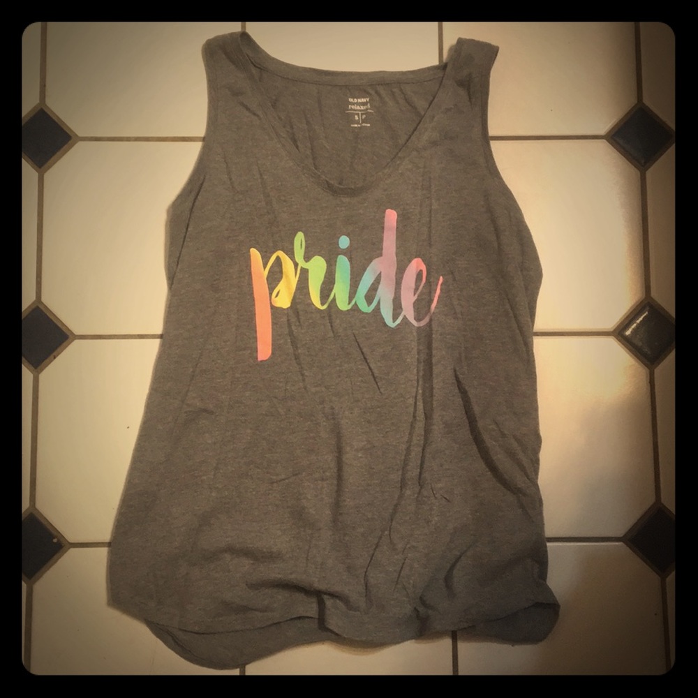 loose tank with “pride” written in rainbow